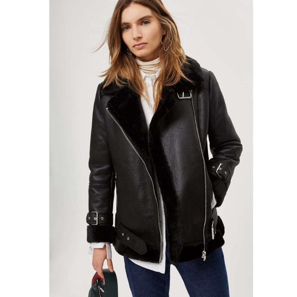 Faux Shearling Biker Moto Jacket Gem